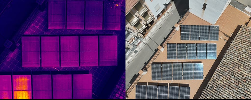 Inspecciones placas solares con Drones en Granada Inspección térmica de placas solares con dron para detección de puntos calientes y módulos defectuosos.