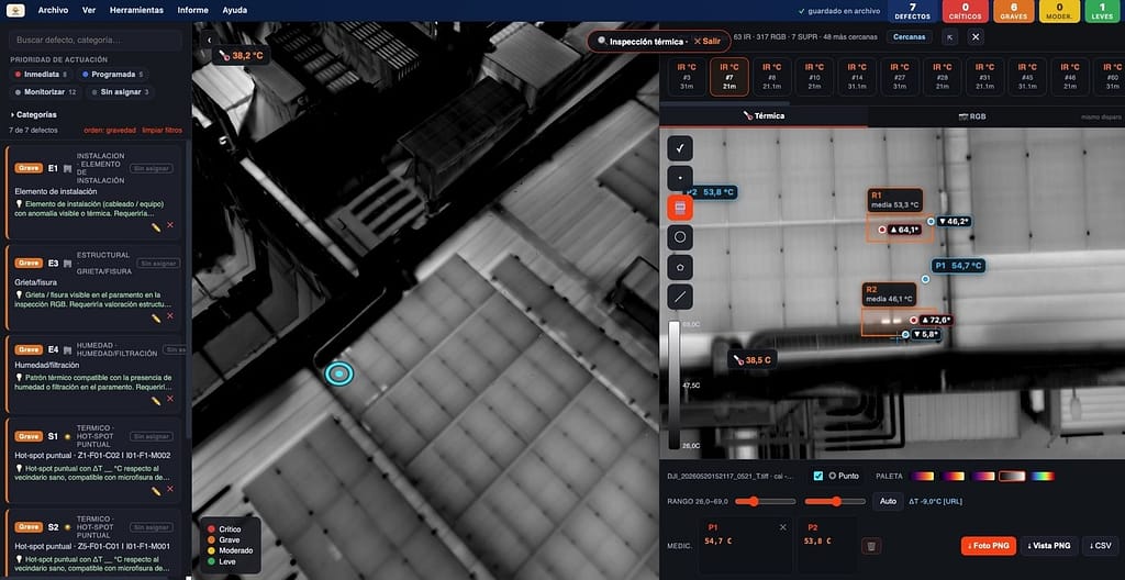 Catálogo de defectos clasificados por severidad con acción recomendada en el visor SolDron 360