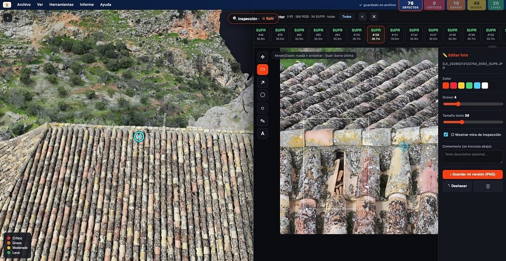 Inspección de una cubierta de teja con el software SolDron 360: foto aérea y análisis de patologías sobre la imagen