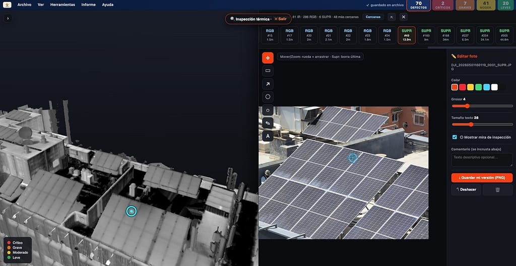 Inspección y anotación sobre la foto RGB de alta resolución de una cubierta fotovoltaica en el visor SolDron 360