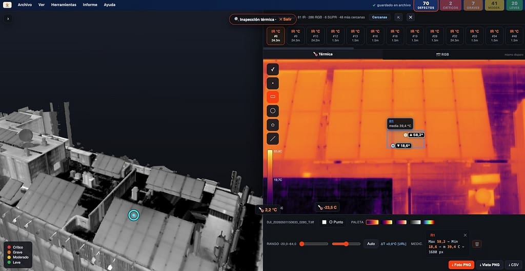 Inspector de fotos de SolDron 360 midiendo temperatura por regiones sobre una foto térmica de la inspección