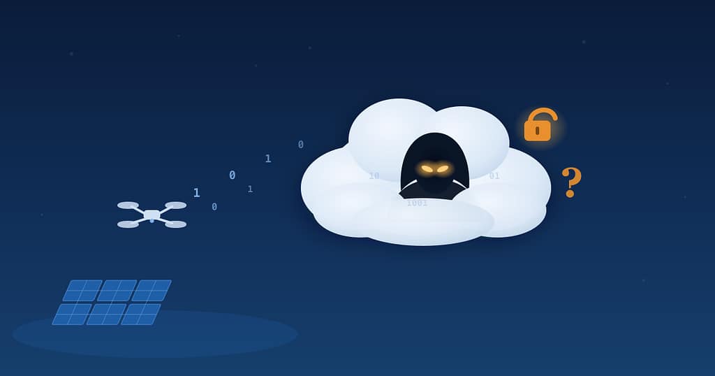 Ilustración: los datos de una instalación captados con dron suben a la nube donde un actor oculto puede acceder a ellos, con un candado abierto; concepto de privacidad frente al procesado local