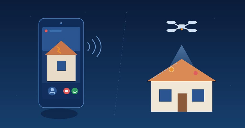Ilustración: videoperitación con el móvil frente a inspección de la cubierta con dron, con los daños localizados