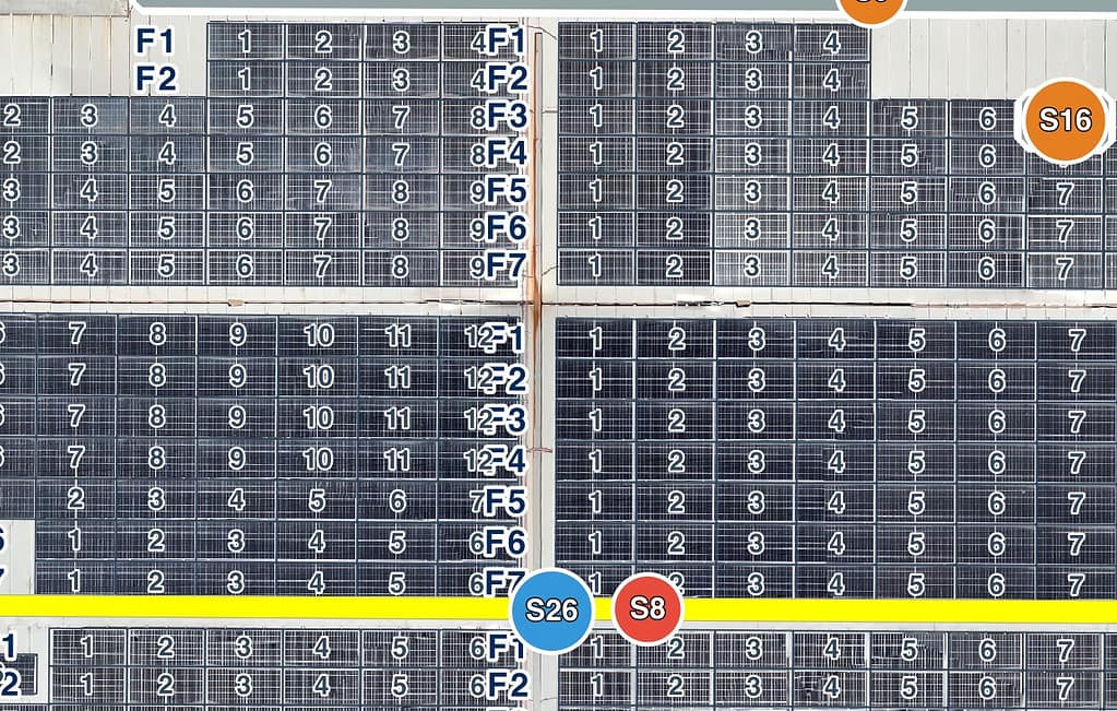 Mapa de módulos fotovoltaicos numerados con clasificación por zonas y marcado de defectos generado tras inspección con drone y termografía