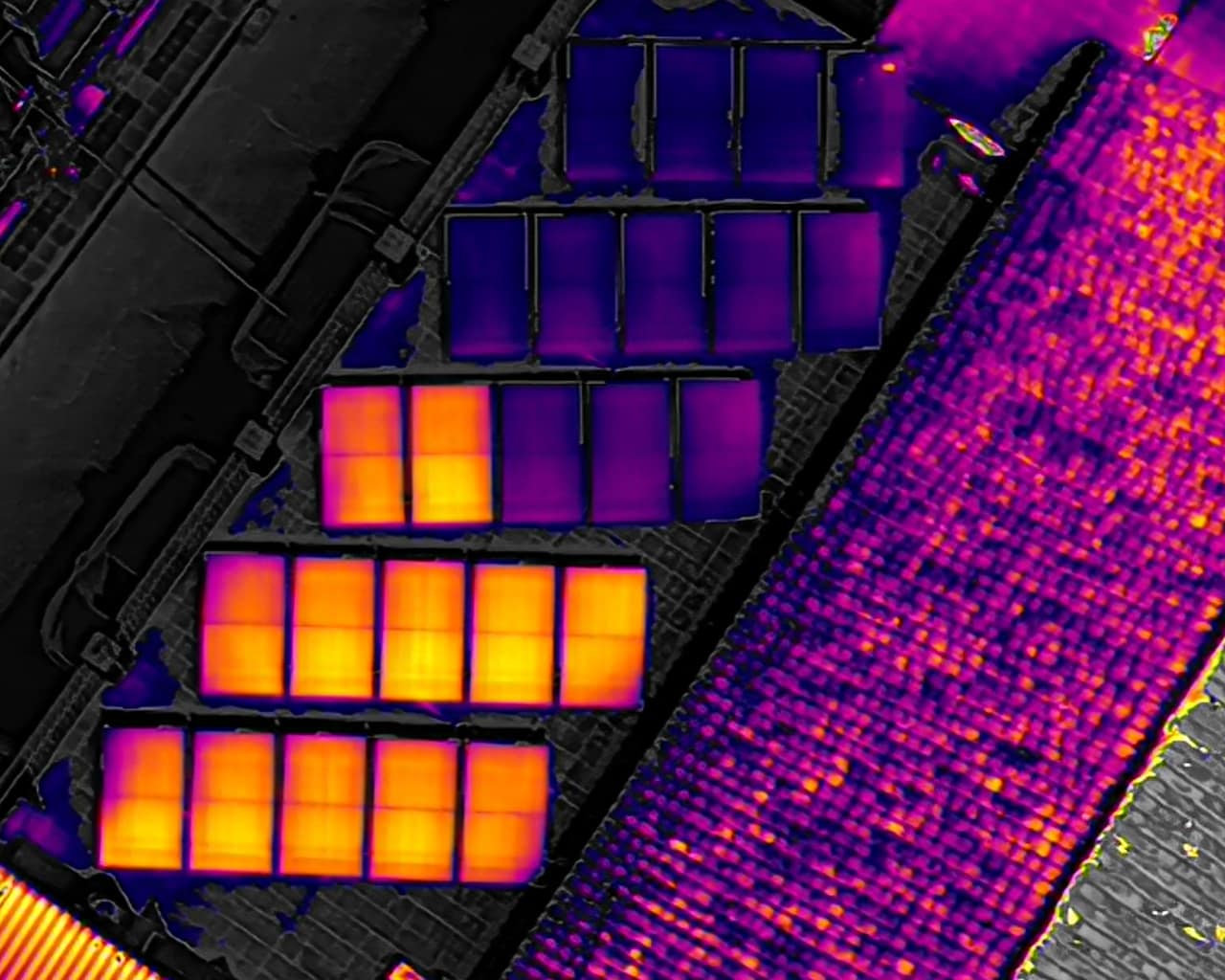 Inspecciones placas solares con Drones en Granada Detección de string inactivo en placas solares por fallo eléctrico. El cliente recuperó gran parte de su producción tras la revisión.