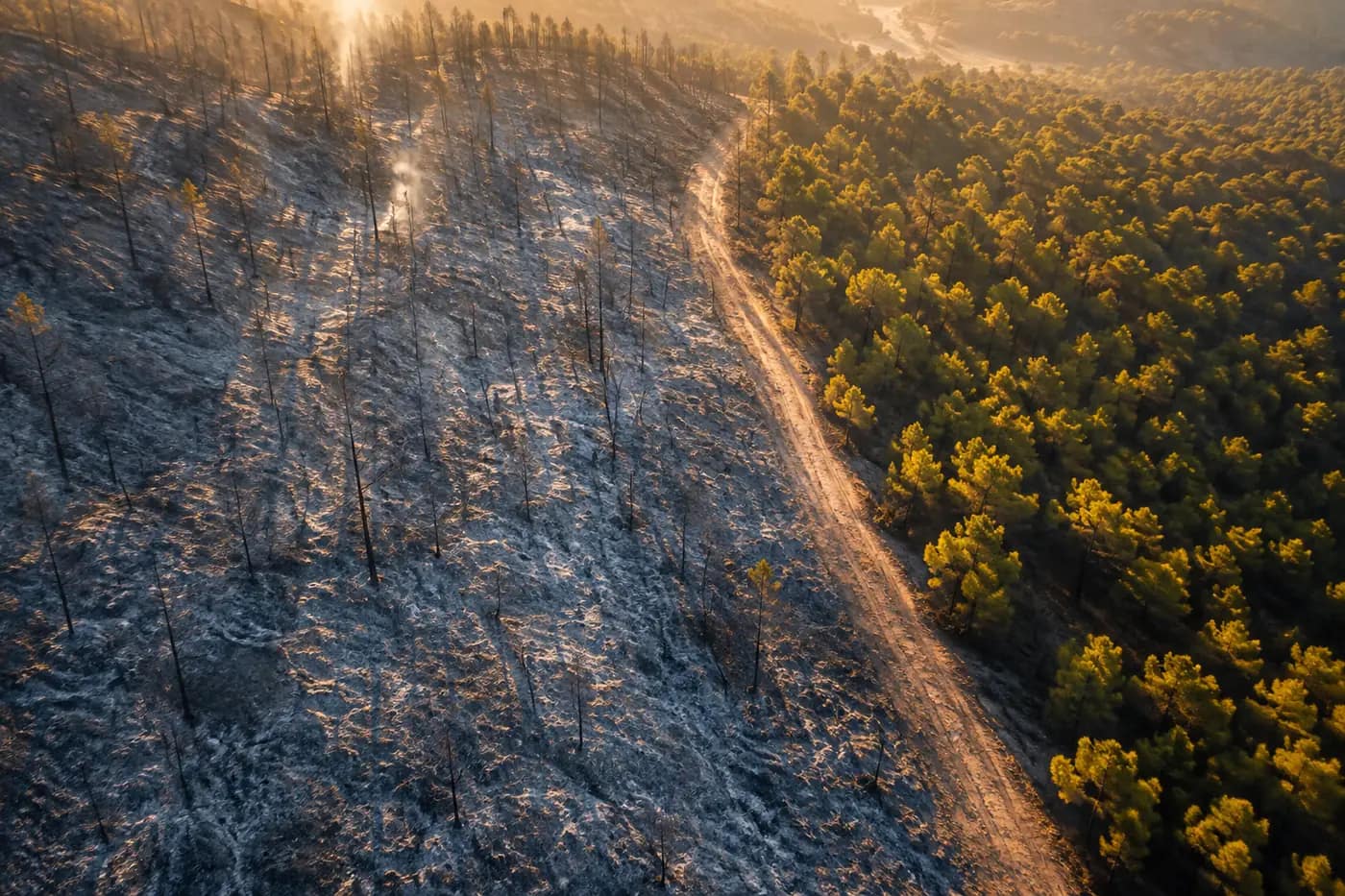 Vista aérea al amanecer de un monte quemado junto a un pinar intacto, separados por la franja de seguridad desbrozada donde se detuvo el incendio forestal