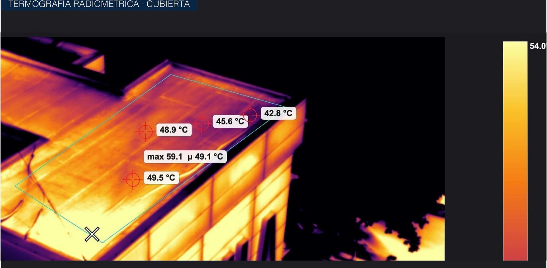 Termografía de cubierta con humedad activa