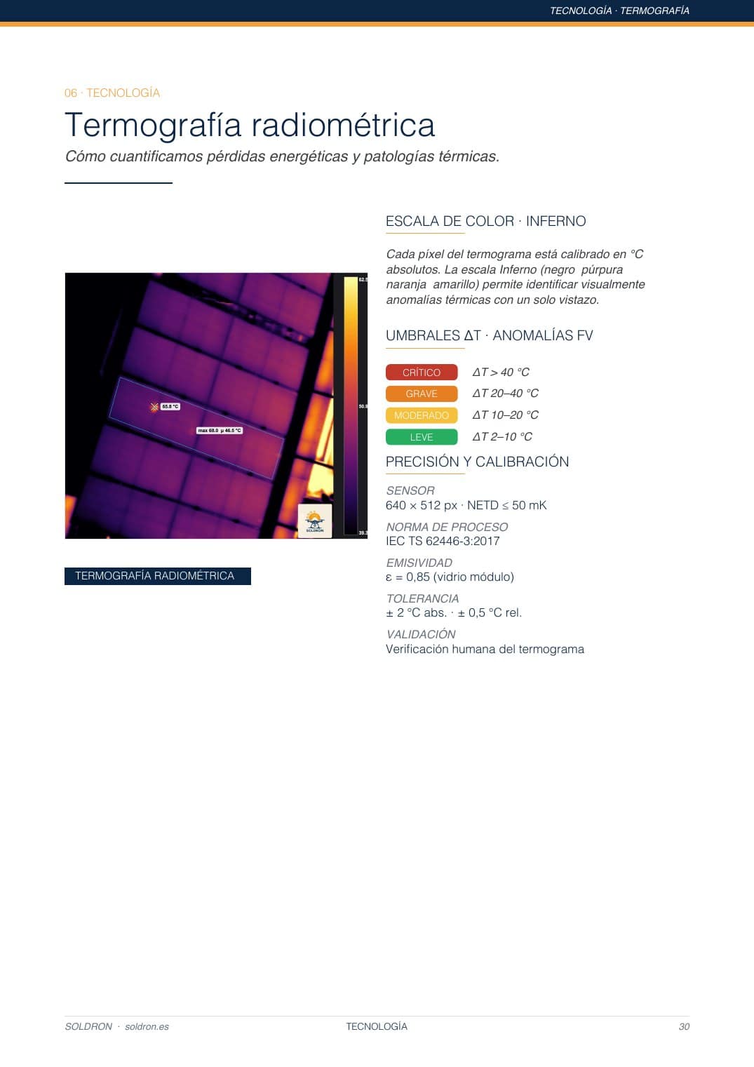 Página del dossier con termografía radiométrica de módulos fotovoltaicos