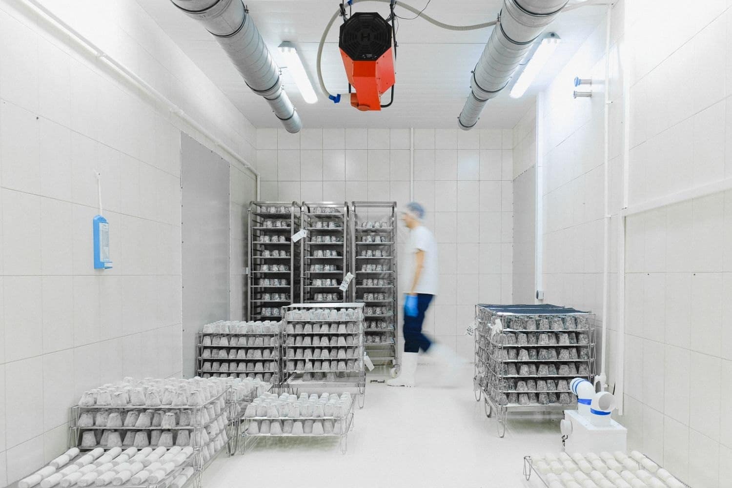 Interior de una cámara frigorífica industrial con evaporador en el techo y producto en racks