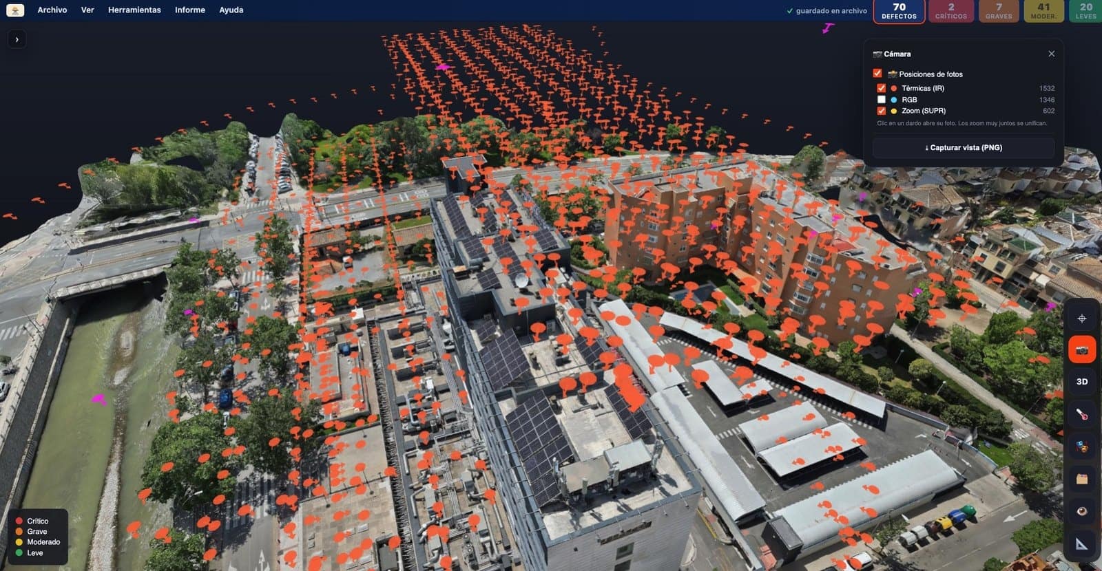 Visor SolDron 360 con el gemelo digital 3D de una instalación y la red de posiciones de cámara de la inspección con dron