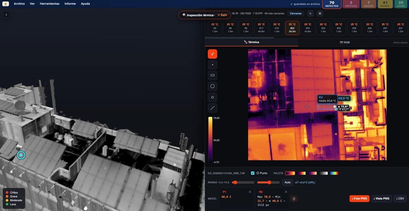 Modelo 3D navegable con termografía emparejada en SolDron 360