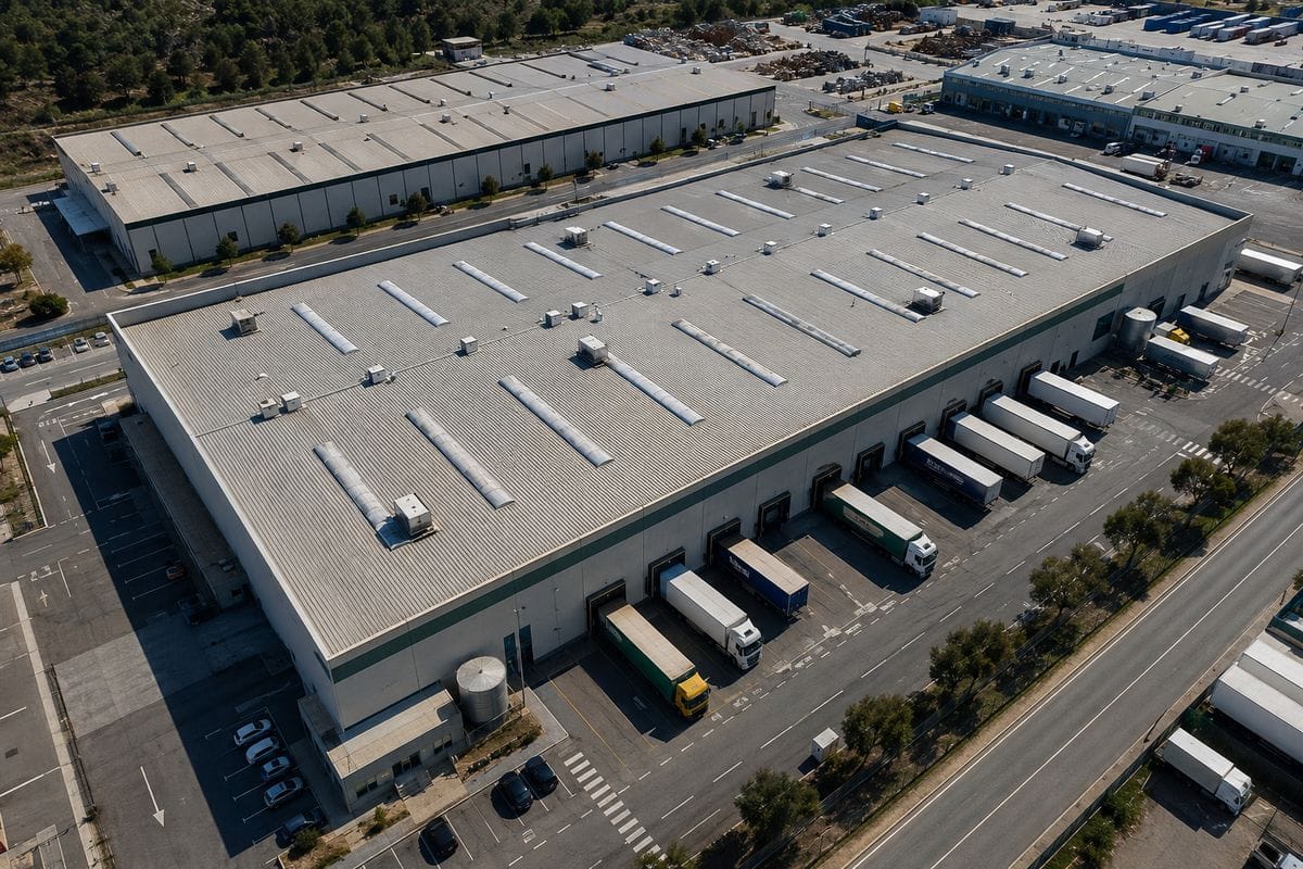 Vista aérea de naves industriales y almacenes logísticos con dron: cubierta metálica, equipos de climatización y muelles de carga
