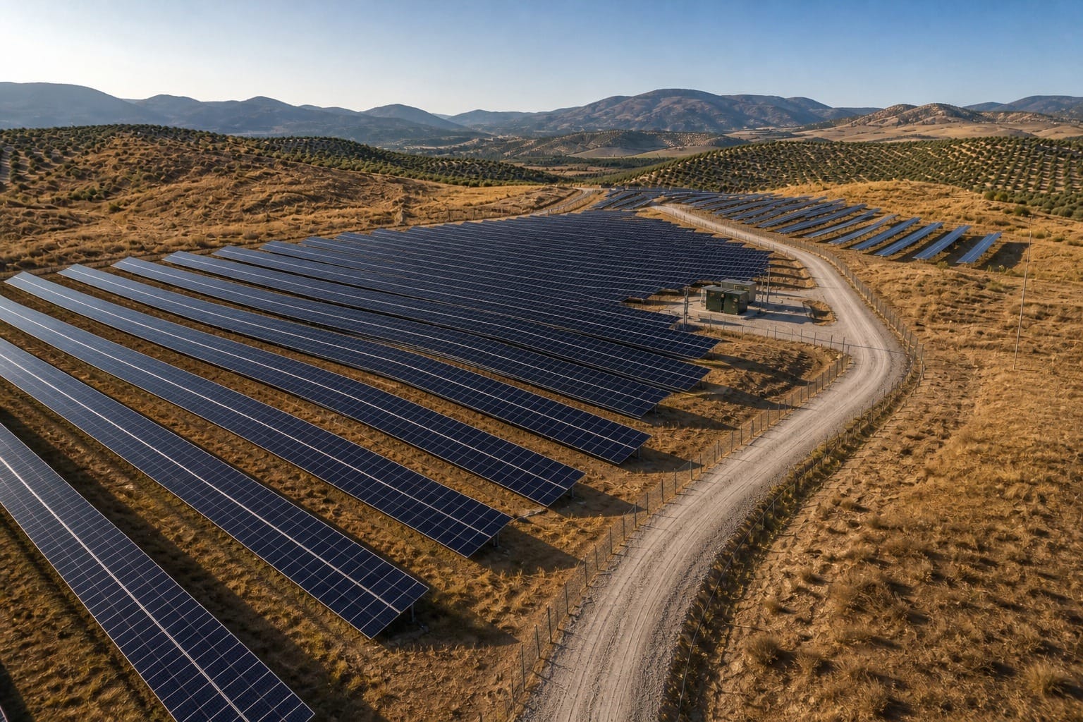 Planta fotovoltaica en suelo en el interior de Granada, entre olivares y sierra, inspeccionada con dron